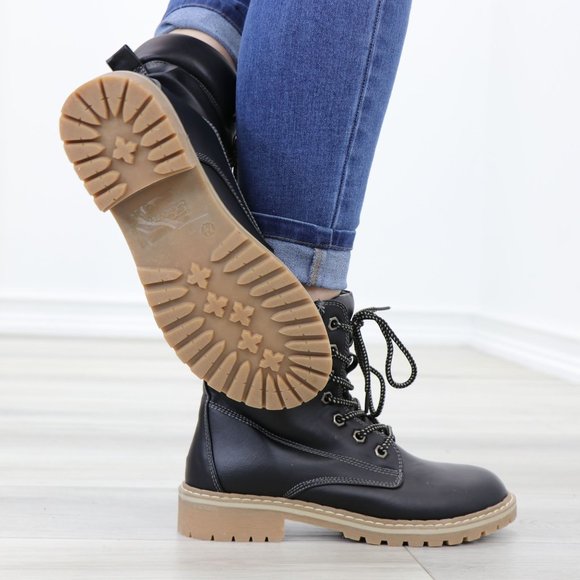 Woman's Faux Leather Lug-Sole Combat Ankle Boots - Picture 4 of 12